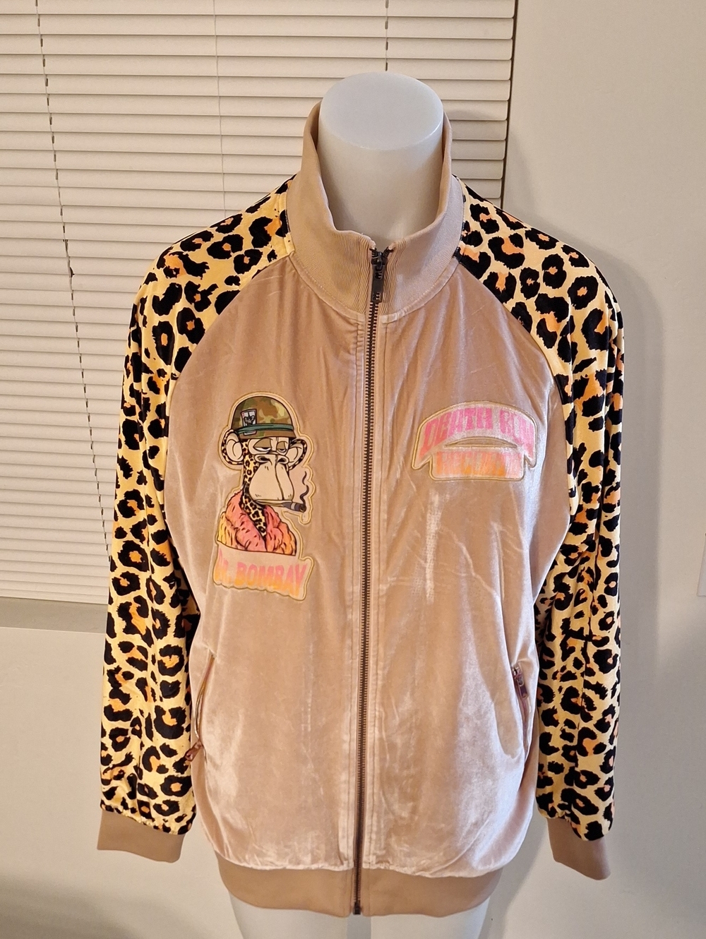 Beige Velvet Puffer Jacket with Leopard-Print Sleeves